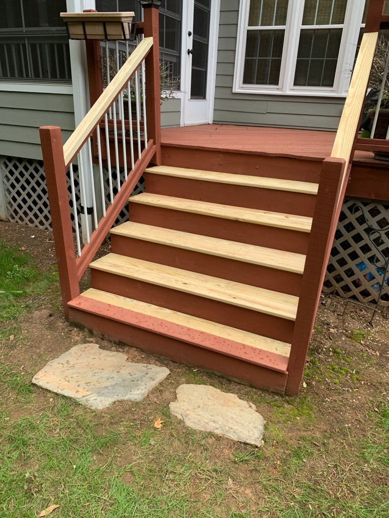 Check It Off Handyman replaces porch handrails and step boards for home owner in Cary, NC.