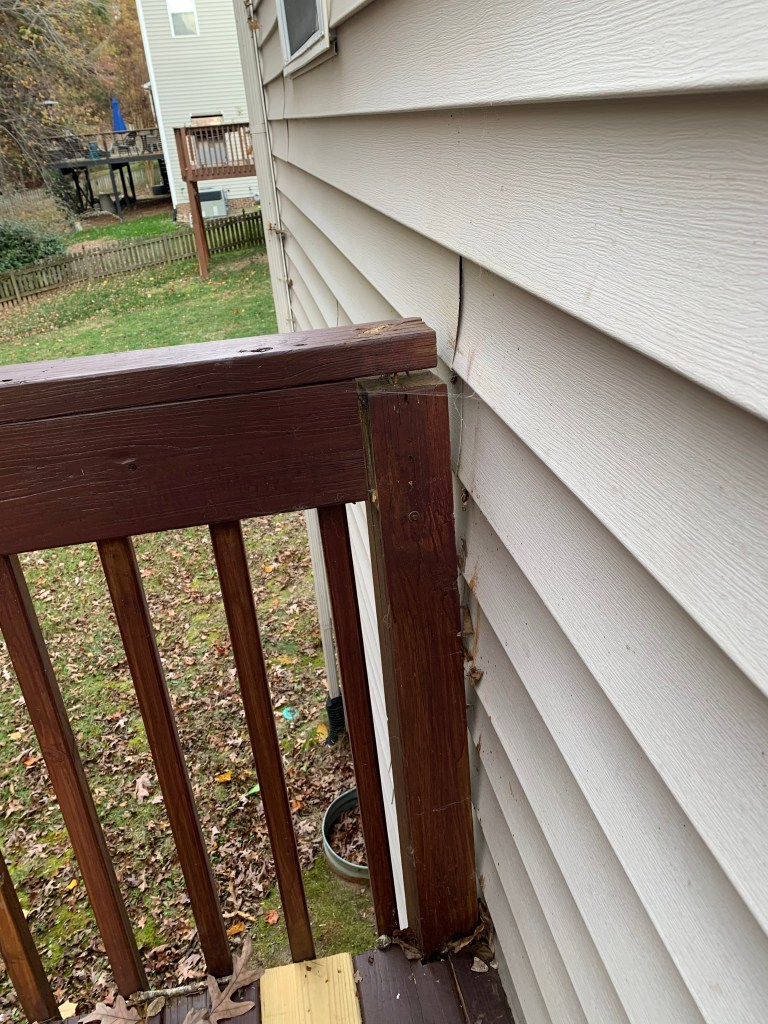 Corner deck rail post was not installed correctly and separated from the rail cap in Holly Springs.