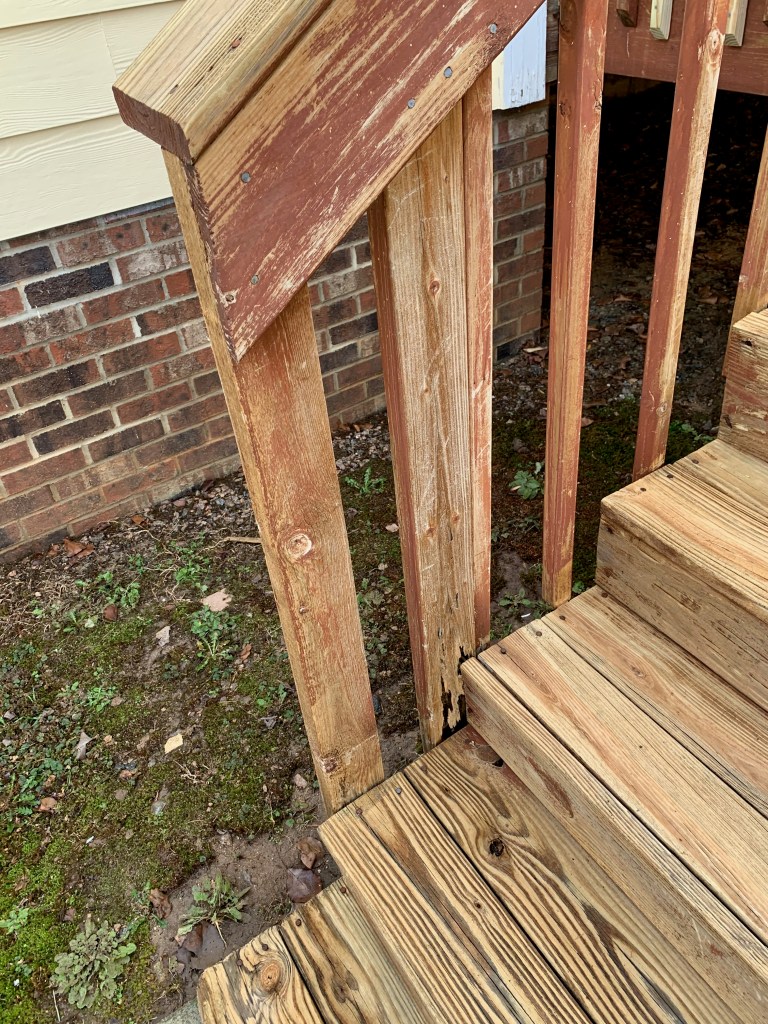 Repaired rotted and wobbly deck handrail in Raleigh, NC